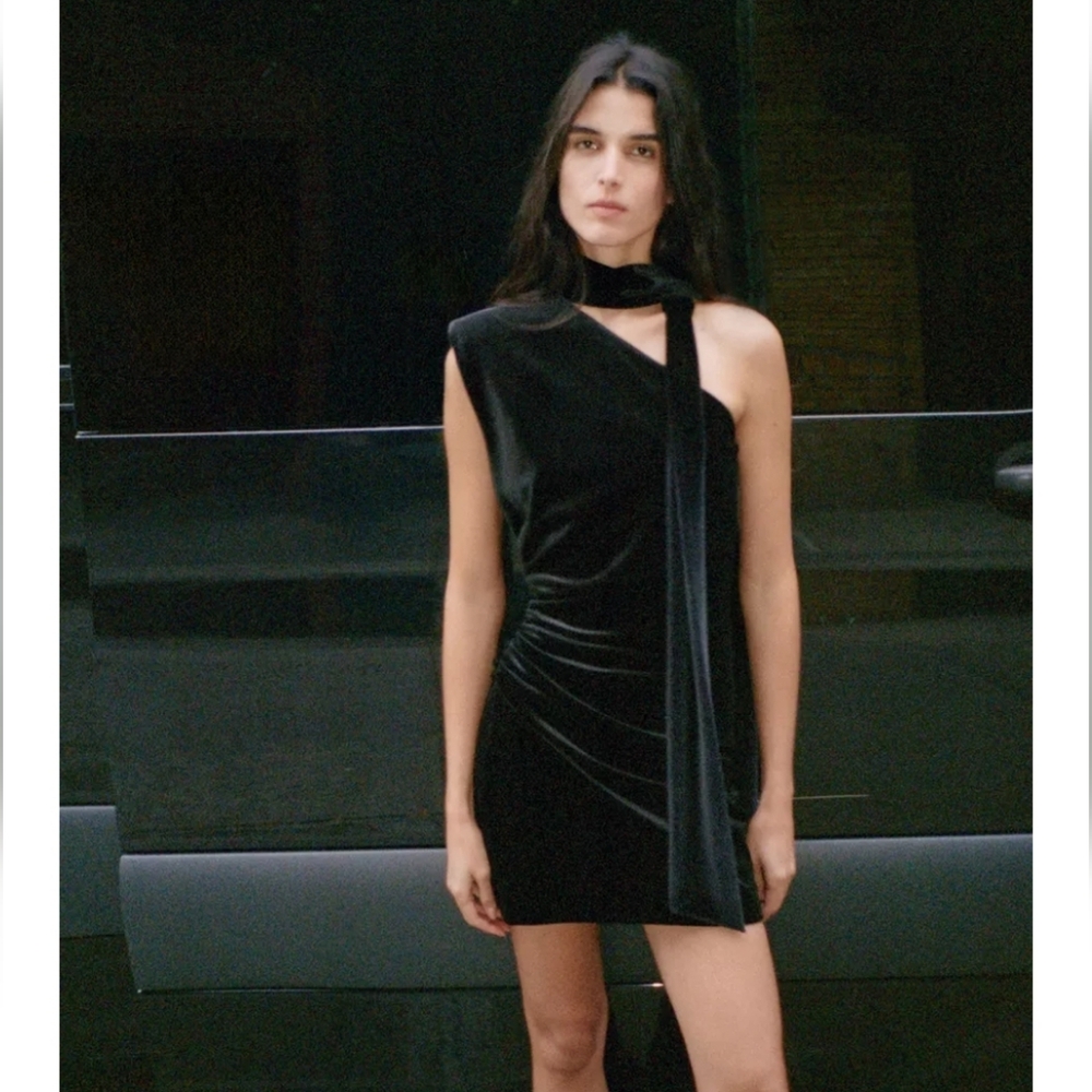 ZARA SCARF VELVET MINI DRESS BLACK